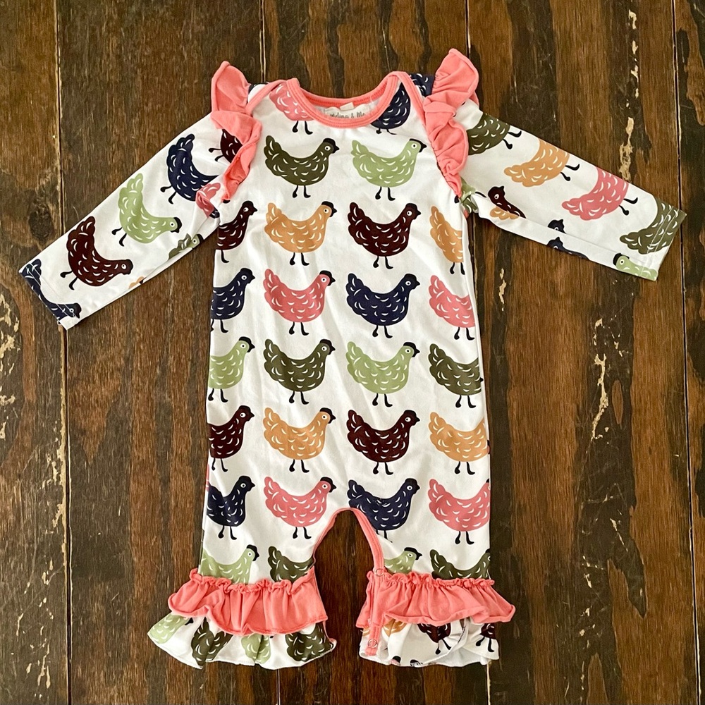 Boutique Melina & Me 9-12 Months Long-sleeve Farmhouse Chicken Romper